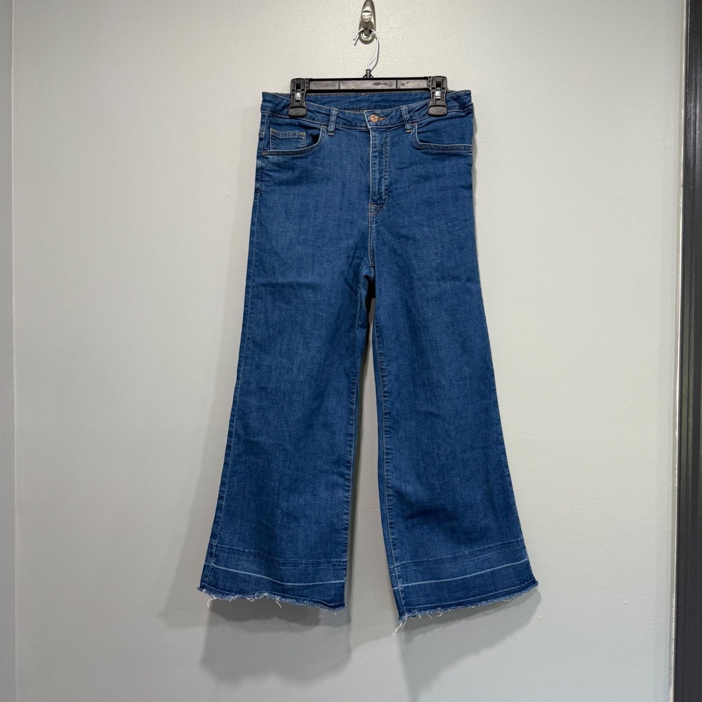 H&M Denim Culottes‎ High Waist &Denim Cropped Wide Leg Raw Hem Jeans Sz 33
